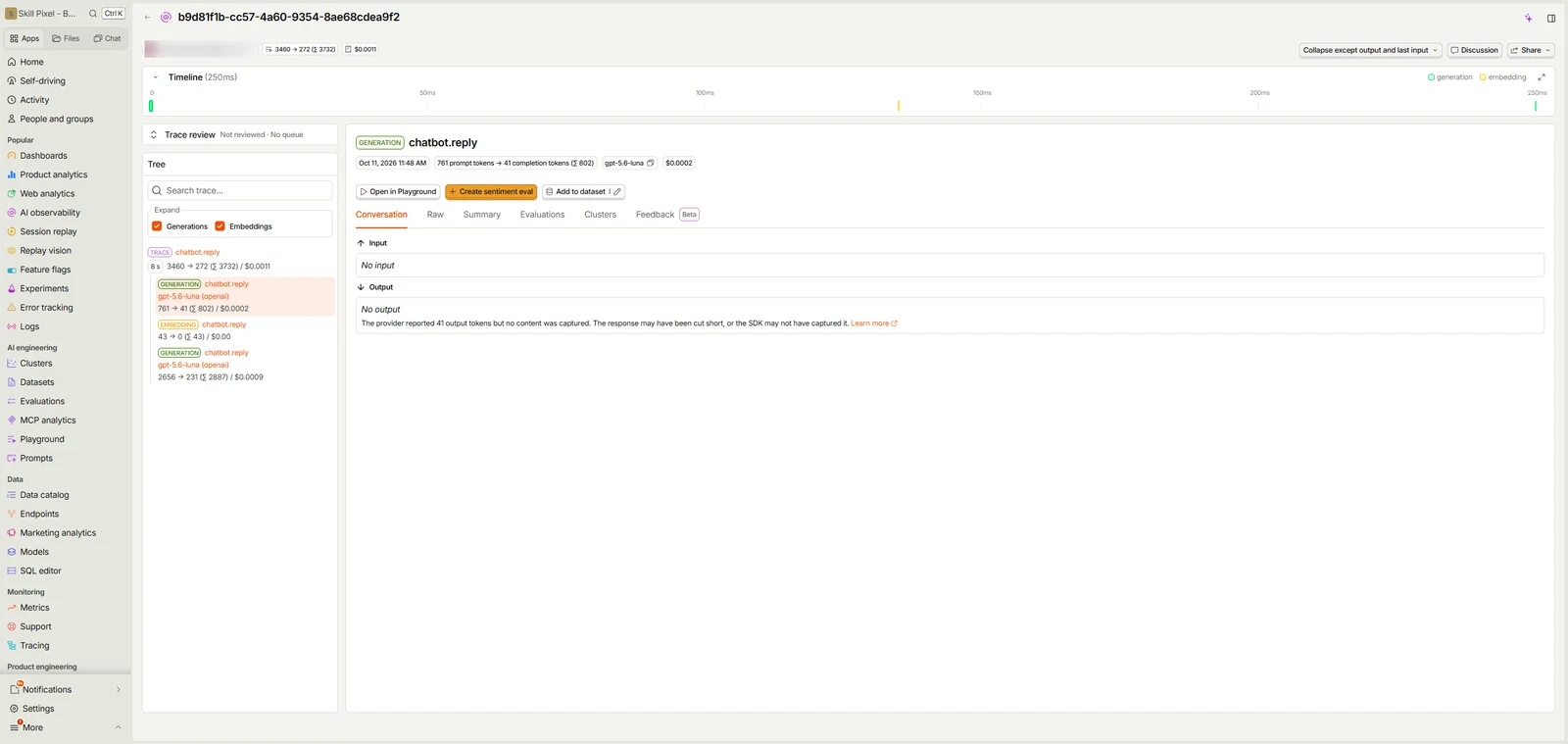 PostHog LLM trace for chatbot.reply with two generations and one embedding