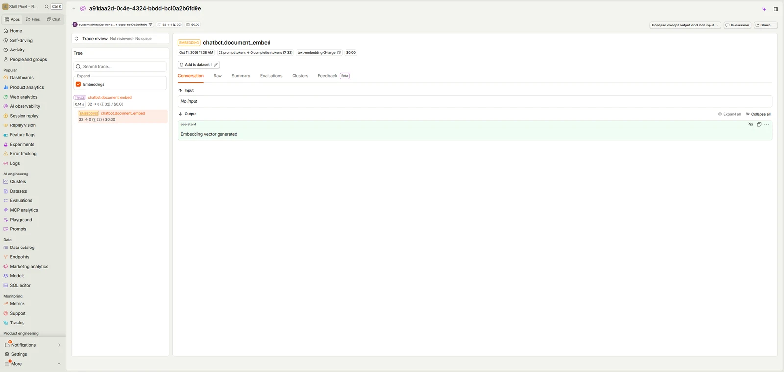 PostHog LLM trace for chatbot.document_embed